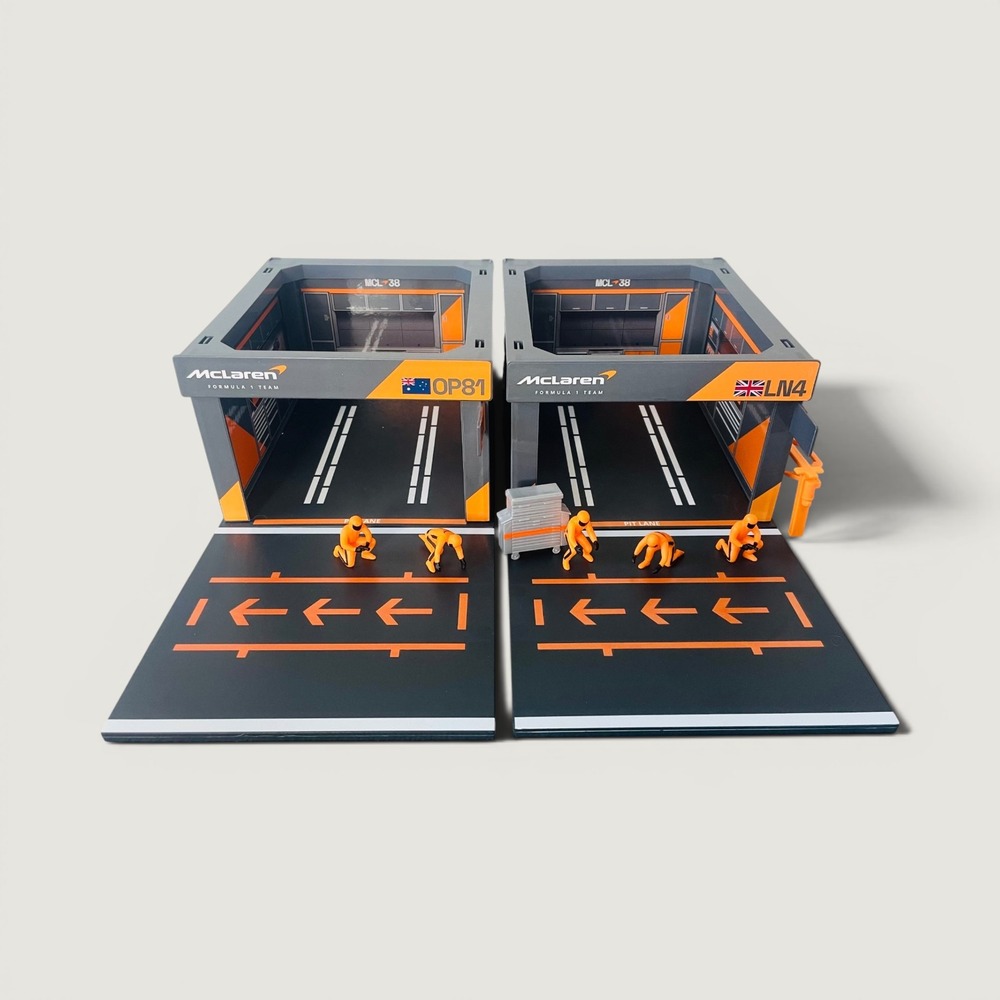 McLaren F1 Team Pit Garage Diorama Lando Norris LN4 Oscar Piastri OP81 Set